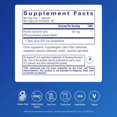 Vista 2 de Pure Encapsulations Pycnogenol (extracto de corteza de pino) 50 mg Suplemento hipoalergénico para apoyar la función cognitiva y la salud