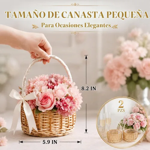 Vista 2 de Lyellfe Paquete de 2 canastas de mimbre hechas a mano con cinta de seda con asa, cesta decorativa para huevos y dulces para regalos, bodas