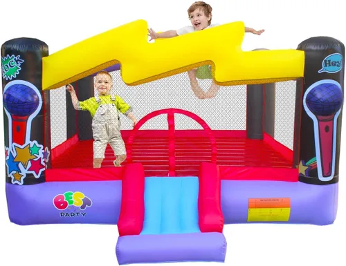 Vista 2 de BESTPARTY Casa inflable de rebote con soplador para niños, tema de estrella pop, tobogán hinchable y gran área de salto, para patio, patio trasero