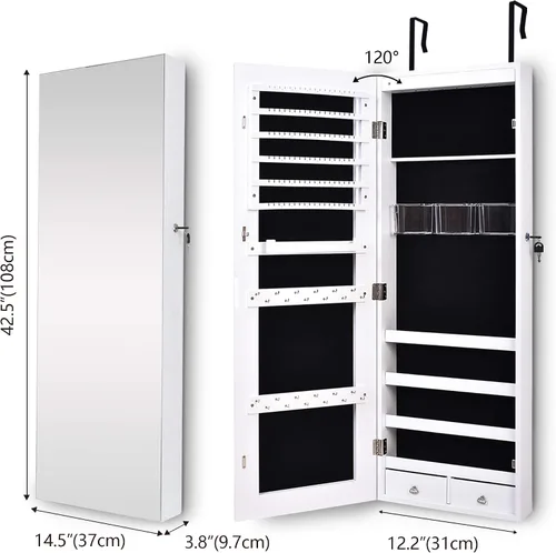 Vista 2 de LVSOMT 8 LED Organizador de joyas con espejo de cuerpo completo armario de almacenamiento montado en la paredpuerta joyero con cerradura con 2