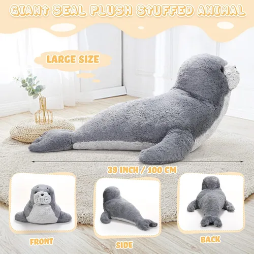 Vista 2 de Poen Peluche de foca gigante de 39 pulgadas, grande, grande, suave, tierno, color gris, adorable almohada grande, regalo para niños, compañero