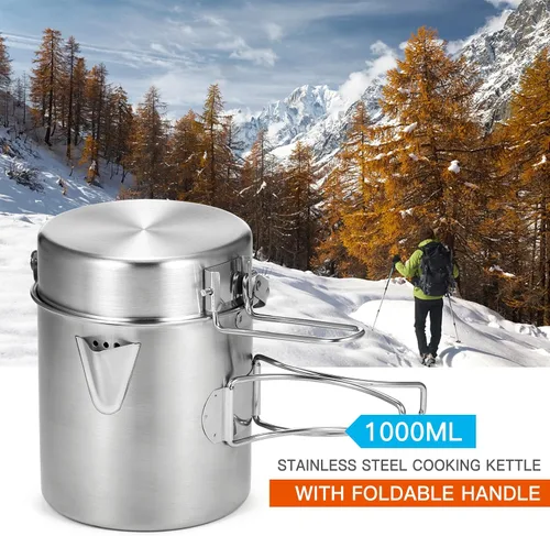 Vista 2 de Lixada Hervidor de cocina para camping, olla de acero inoxidable de 1 litro con mango plegable y cubierta de doble uso, portátil para senderismo