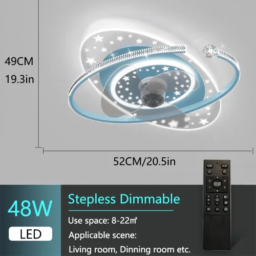 Vista 2 de Ventilador de techo azul para niños de 20.5 pulgadas con luz, control remoto, 6 velocidades, perfil bajo Playful blue flush mount fan light for