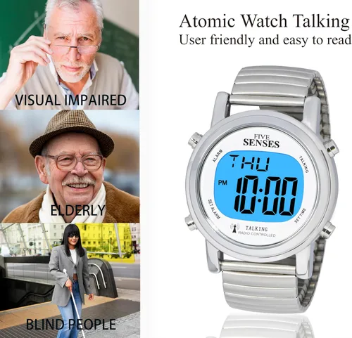 Vista 7 de Reloj parlante de cinco sentidos atómico! - Set Itself Senses - Reloj parlante de metal fácil de leer, Plateado, Casual