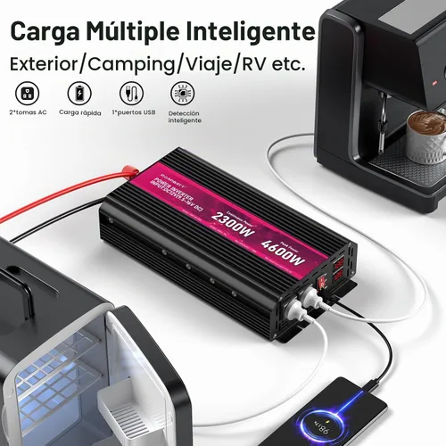 Vista 2 de Inversor de corriente de 2300 W, de 12 V CC a CA 110 V/120 V de potencia máxima de 4600 W con 2 tomas de CA y 2 puertos USB 2.4, pantalla LCD.