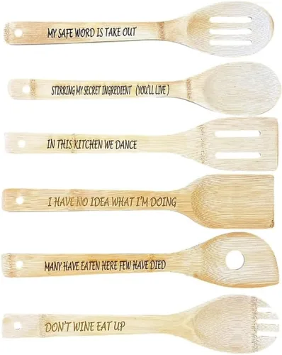 Vista 7 de Divertido juego de cucharas de madera, 6 cucharas de madera para reproducir, cuchara de café de madera grabada con frases divertidas, cucharas