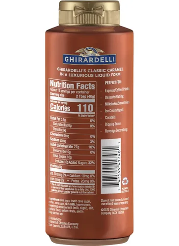 Vista 4 de Ghirardelli Salsa de caramelo, botella exprimible de 16 onzas con cuchara de barista estampada Ghirardelli