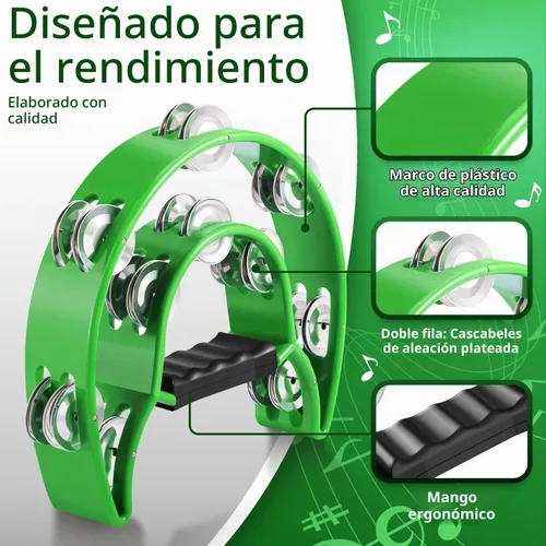 Vista 3 de Flexzion Pandereta Half Moon para adultos con jingles de doble fila, color Verde