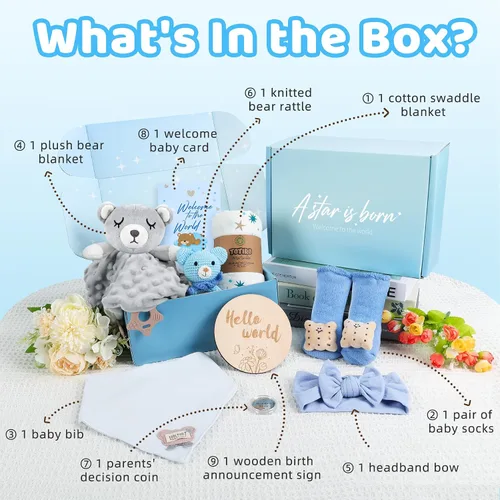 Vista 3 de Regalo para bebé recién nacido, 9 piezas de regalos de bebé para niños recién nacidos, cesta de regalo para bebé, regalos de revelación de género