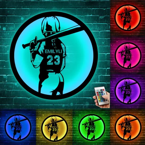 Vista 26 de Arte de Pared de Metal Personalizado de Béisbol con Bandera de EE.UU. con Luz LED, Letrero Personalizado con Nombre de Jugador de Sóftbol Americano