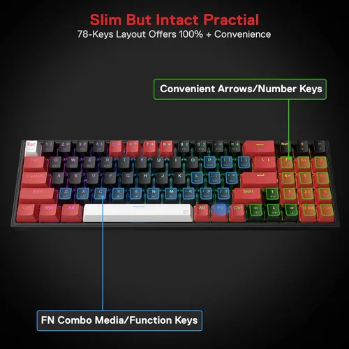 Vista 5 de Redragon K628 PRO - Teclado mecánico compacto con 75 de 3 modos 78 teclas teclado mecánico compacto intercambiable en caliente con enchufe PCB