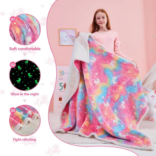 Vista 6 de QSTEHEML Manta de unicornio que brilla en la oscuridad, regalo de cumpleaños para niñas de 3 a 12 años, regalos de juguetes de unicornio, manta