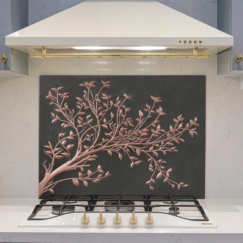 Vista 15 de Azulejos de salpicadura de cocina de cobre hechos a mano, ramas de árbol con hojas para salpicadura de cocina, panel decorativo de salpicadura