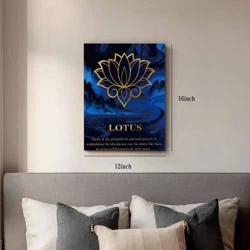 Vista 6 de Arte de pared Zen azul y dorado para sala de estar, flor de loto abstracto, naturaleza, montaña, río, imagen, meditación, oficina, budismo