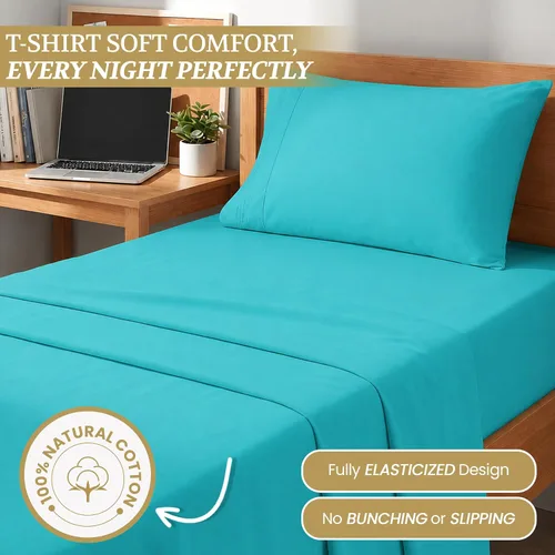 Vista 2 de Juego de sábanas Crescent Bedding de 100% algodón, extralargas, suaves y cómodas para cama de dos plazas Aqua Blue