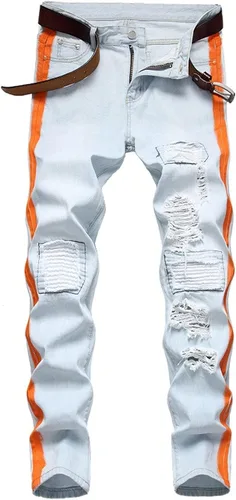 Vista 3 de Jeans rasgados a rayas laterales para hombre, corte recto, desgastados, con agujeros destruidos, pantalones de mezclilla casuales ajustados