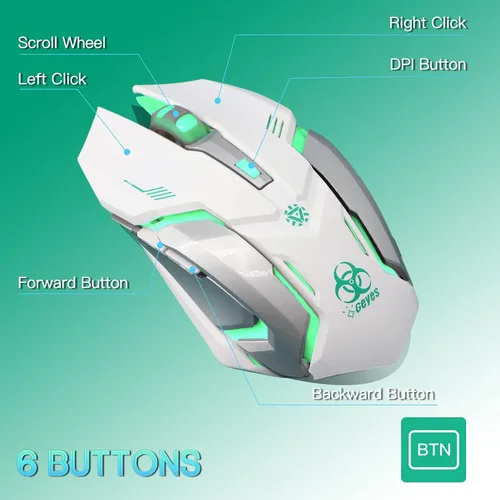 Vista 6 de VEGCOO Ratón inalámbrico blanco para juegos, mouse inalámbrico de clic silencioso con 3 niveles DPI, mouse de computadora recargable con luces LED
