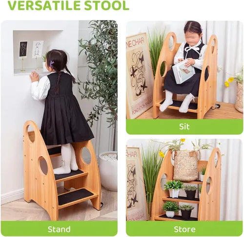 Vista 6 de StrongTek - Taburete con ruedas y asas de seguridad, torre de pie de madera de 3 niveles, silla convertible con escalones antideslizantes, capacidad