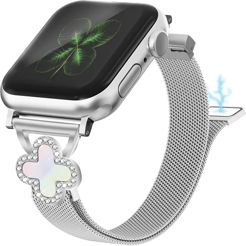 Vista 8 de Joyozy Correa delgada de metal compatible con Apple Watch de 38mm 40mm 41mm 42mm 44mm 45mm 46mm 49mm, correa magnética delgada con adornos