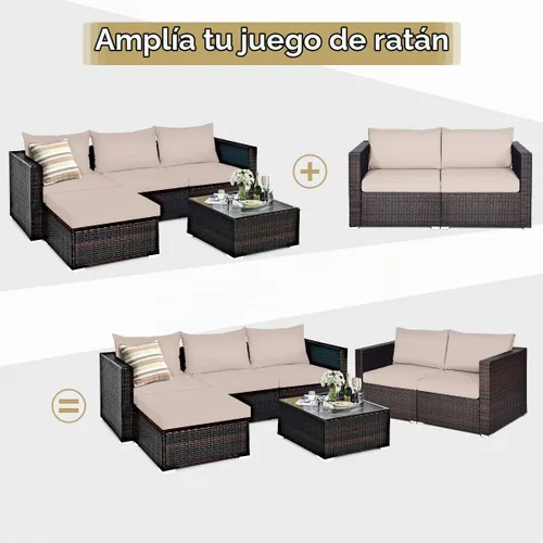 Vista 8 de Tangkula Sofá biplaza de mimbre de 2 piezas, muebles de patio con cojines extraíbles, sofá biplaza de ratán para balcón, terraza, jardín y piscina