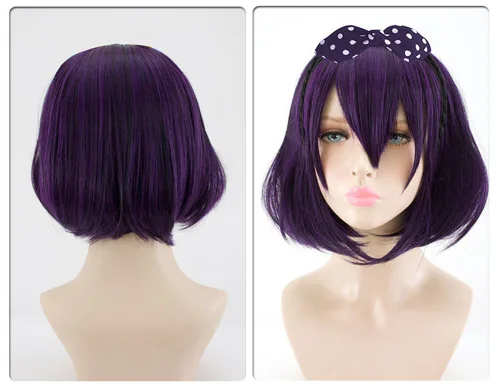 Vista 3 de Xingwang Queen Peluca de cosplay mixta de anime de 13.8 in de color negro y morado + gorra gratis