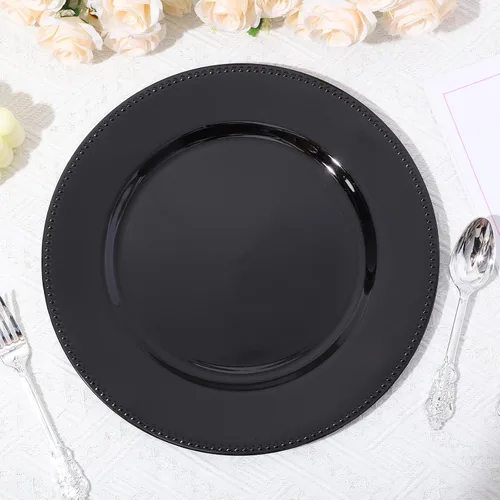 Vista 4 de Jinei Paquete de 36 platos de carga negros de 13 pulgadas con cuentas de plástico redondos, decoración de mesa de boda, bandeja reutilizable