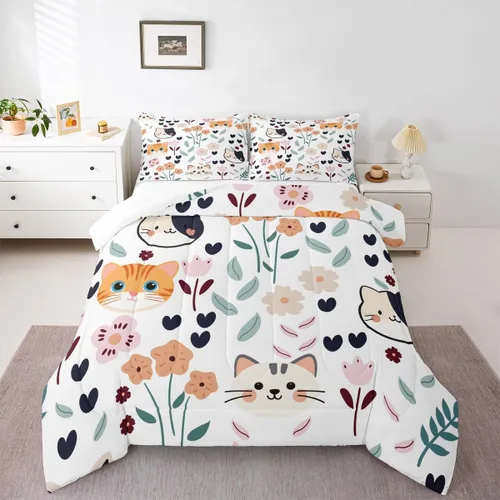 Vista 8 de Feelyou Juego de edredón de dibujos animados de gatos, juego de edredón de gatitos y flores, para niños, niñas, adolescentes, mascotas, gatos, juego