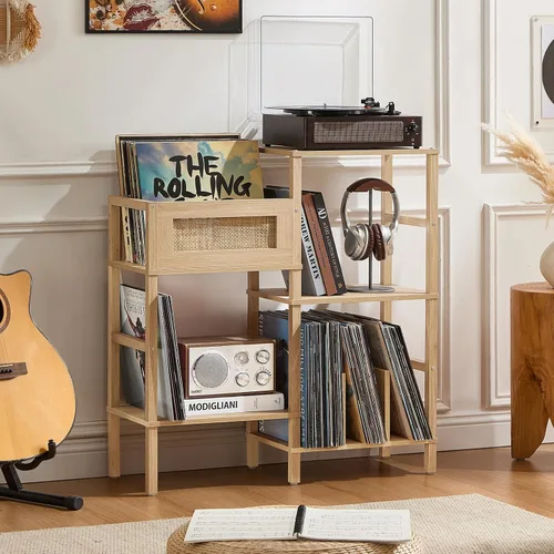Vista 11 de LELELINKY Soporte para Tocadiscos, Soporte para Discos de Madera Marrón con Almacenamiento de Vinilo con Capacidad para hasta 300+ Álbumes, Mesa