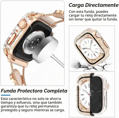 Vista 5 de KADES Bling Four-Leaf Clover Band for Apple Watch Bands Women's Wear Oro rosa/Negro