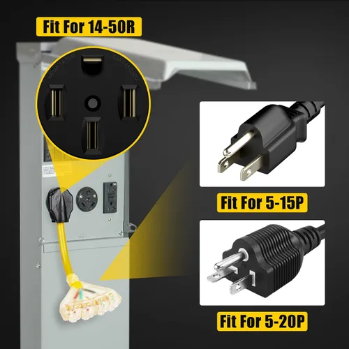 Vista 4 de Cable adaptador RV de 50 amperios a 20 amperios de 110 V, 4 clavijas NEMA 14-50P macho a 4 tomas de corriente 5-15R/5-20R hembra con clavijas