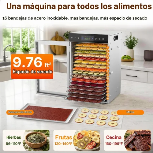 Vista 4 de HOPERAN 16 Tray Food Dehydrator Machine for Jerky, Fruit, Herb & Dog Treats Gray-16 Trays