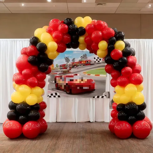 Vista 6 de Kit de arco de guirnalda de globos de auto de carreras, 155 globos de látex azul polvoriento, amarillo, globos de aluminio a cuadros para autos