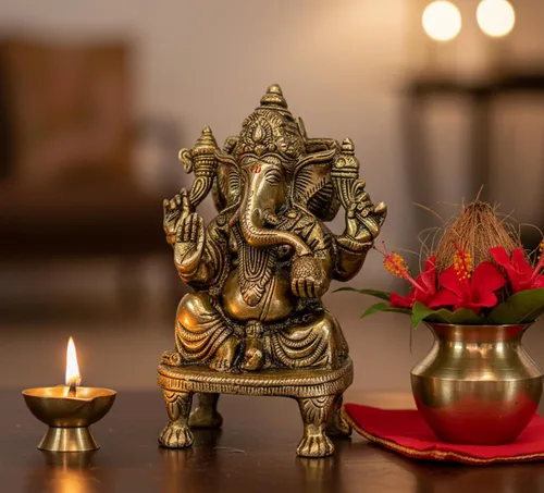 Vista 3 de eSplanade Ganesha de latón de 8 pulgadas en acabado antiguo Pooja Puja Ganesh Ganesha Ganpati Ganapati Murti Idol (5.75 pulgadas)