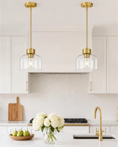 Vista 12 de Luces Colgantes Negras para Isla de Cocina, Accesorios de Luces Colgantes de 7" con Pantalla de Vidrio Transparente, Iluminación Colgante Moderna