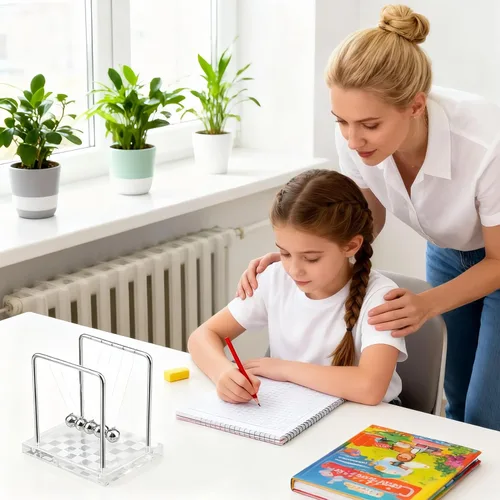 Vista 6 de Péndulo de Newton con Bolas de Equilibrio, Péndulo Clásico de Newton con Base de Tablero de Ajedrez Plateado y Blanco, Gadget de Física Científica