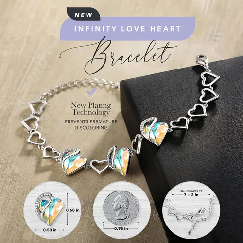 Vista 2 de Leafael - Pulsera de amor infinito con eslabones, corazón de cristal y piedra natal, regalos para mujer, tono plateado, 7 pulgadas con extensor de 2