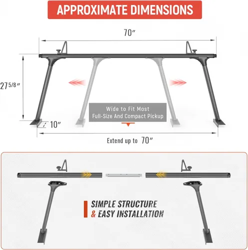 Vista 2 de Modelo APX25-Lite Soporte de Escalera de Aluminio Extensible para Camión Soporte de Escalera Ajustable para Camioneta (No Requiere Perforación)