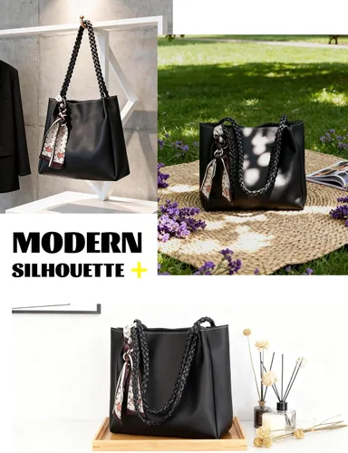 Vista 6 de Bolso de mano para mujer, de piel sintética, decorativo, para el trabajo, viajes, diario, con cremallera, correa de cuerda trenzada