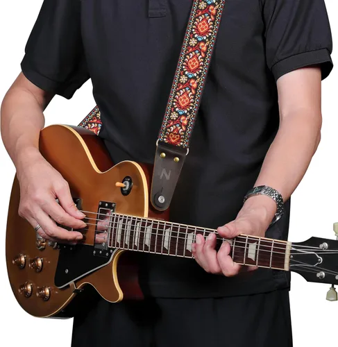 Vista 2 de Nefelibata Correa de guitarra, correas de guitarra de algodón bordadas con extremos de cuero de vaca para bajo, guitarras eléctricas y acústicas