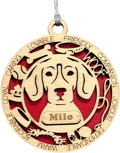 Vista 160 de Adorno de Navidad personalizado para perro Cavalier King Charles Spaniel, redondo de 3 pulgadas, madera cortada con láser de 2 capas, nombre y texto