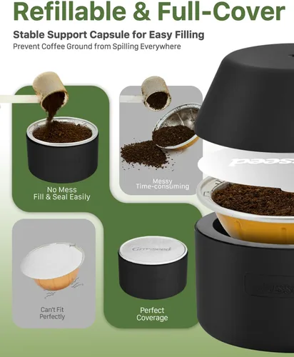 Vista 3 de Grasseed Kit de cápsulas reutilizables VertuoLine para cápsulas Nespresso con 50 tapas de sellos de papel de aluminio, cápsulas de café recargables