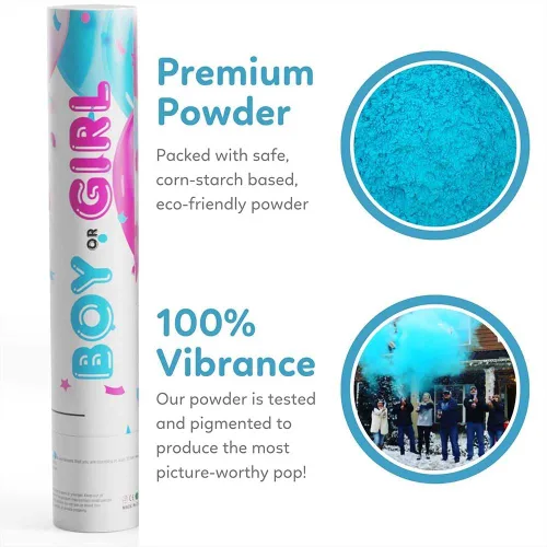 Vista 3 de TUR Party Supplies - (2, azul) Cañones lanzadores de polvo para revelación de género del bebé niño o niña 100% biodegradables, sin desorden 12