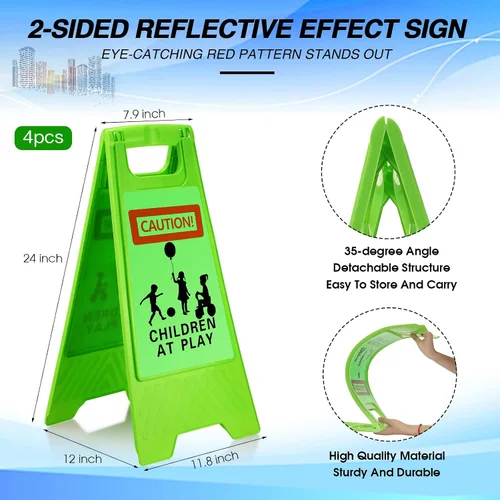 Vista 2 de 4 letreros grandes de 24 pulgadas para niños en el juego, reflectantes, de doble cara, letreros de seguridad para niños en juego, mango portátil