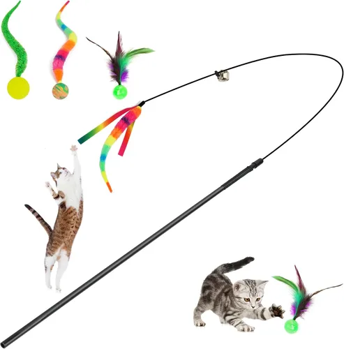Vista 8 de SHENGSEN Juguete de varita de plumas para gatos, pelota inflable con cola para gatos, gusano mágico con juguete de bola grande y colorida