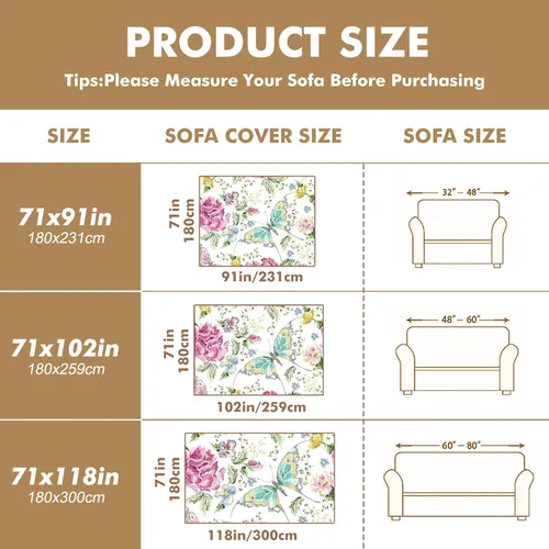 Vista 7 de Funda de sofá con estampado de flores y mariposas, fundas para sofá, fundas para sillón, funda resistente a las manchas, protector universal