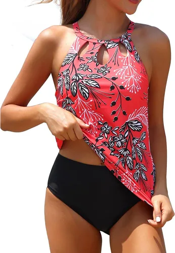 Vista 3 de Yonique - Traje de baño estilo tankini, cuello alto halter para mujer, dos piezas, estampado floral