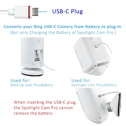 Vista 4 de Cable de alimentación USB-C de 10 pies con adaptador compatible con Ring Pan-Tilt Mount/Stick Up Cam Battery Pro/3ª generación/2ª