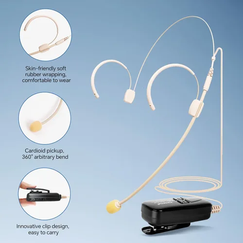 Vista 4 de Micrófono de auriculares inalámbricos, micrófono de cabeza de tono de piel de 2.4G, micrófonos de carga beige para amplificador de voz, altavoz