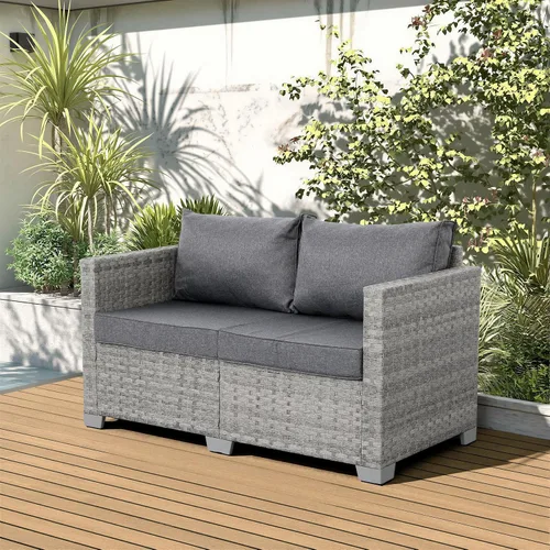 Vista 4 de WAROOM Sofá pequeño de mimbre para patio al aire libre, sofá de ratán de 2 plazas, muebles de balcón, asiento profundo, asiento de porche, cojín gris