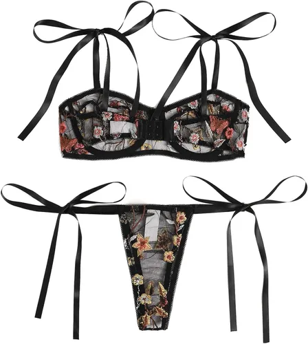 Vista 2 de SheIn Conjunto de lencería de dos piezas con brasier de malla floral para mujer
